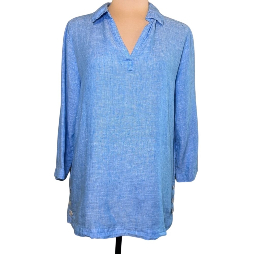 Tahari Blue 100% Linen Popover Top Tunic Shell Buttons Size Medium Shirt Blue